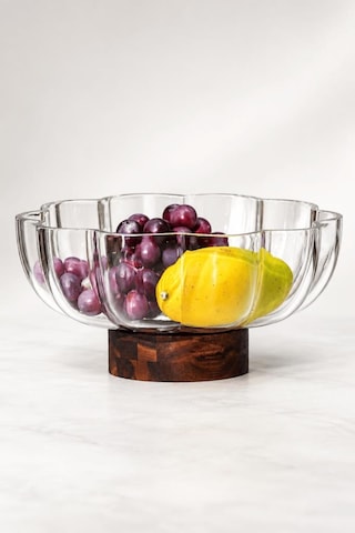 Atbyhome Akasya Ayaklı Çiçek Cam Meyvelik 25x12 Cm - Papatya Dilimli Cam Salata Tatlı Sunum Kasesi Gondol Şeffaf