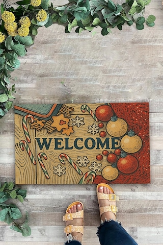 Valerine Life Yılbaşı Baston Şekerli Noel Temalı Welcome Hoş Geldiniz Kapı Önü Paspası 45x70cm Kahverengi