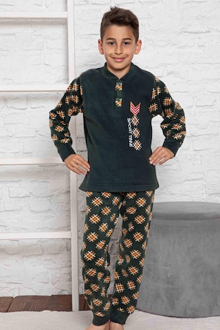Tarık Erkek Çocuk Kışlık Polar Pijama Takımı Koyu Yeşil