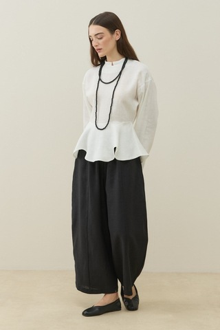 Molene Ekru Hakim Yaka Peplum Keten Bluz