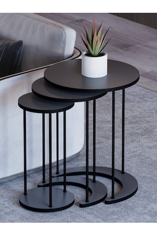 Alpa Ev Mobilya Ay 3 Lü Yuvarlak Zigon Sehpa Seti, Modern Metal Ayaklı C Model Şık Yan Sehpa Antrasit