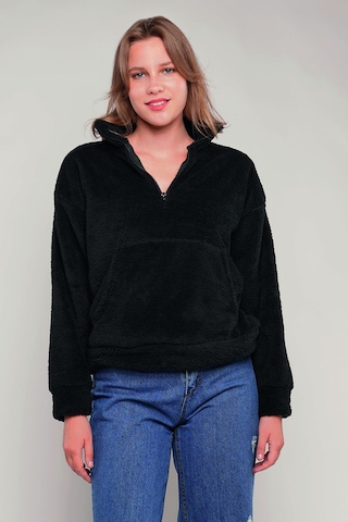 Gabria Kanguru Cepli Yarım Fermuarlı Peluş Sweat Siyah
