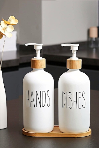 2 Li Soft Beyaz Dekoratif Mutfak Banyo Sıvı Cam Sabunluk Seti 500ml Bambu Stantlı Set Siyah - Beyaz