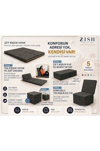 Flexa Gri 7 Cm Katlanır Sünger Yatak Yer Yatağı, Misafir Yatağı Puf, Koltuk, Şilte Ve Minder Kullanımı Taşıma Kulplu Fermuarlı Yıkanabilir Keten Kılıf 24 Dns Orta Sert Sünger Çift Kişilik