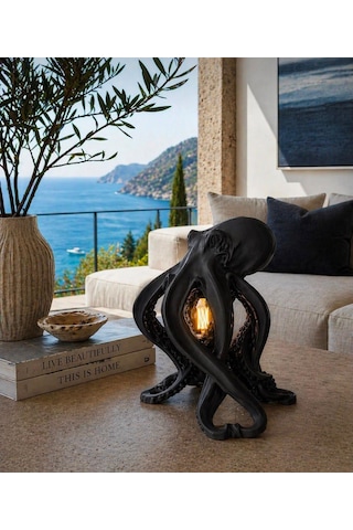 3dlab Luxury Ahtapot Masa Lambası Dekoratif Tasarım Abajur Rustik Ampullü Premium Ev Dekoru Siyah