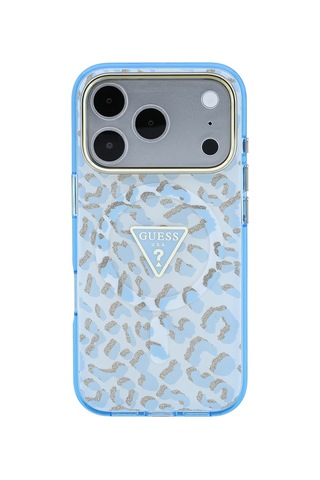 Apple iPhone Uyumlu 18 Pro Kılıf Guess Lisanslı M-safe Özellikli Üçgen Logolu Simli Leopar Desenli Kapak Mavi