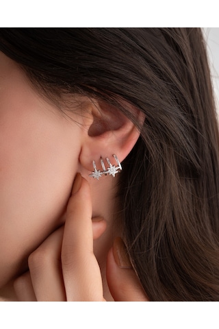 925 Ayar Rodyum Kutup Yıldızı Piercing Görünümlü Çivili Gümüş Küpe Çift Kullanım Re10223