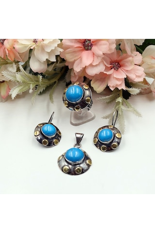 Firuze Taşlı Otantik Set Rose Gold - Gümüş