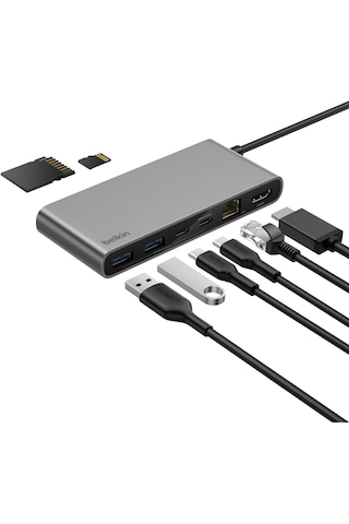 Belkin Connect 8 Portlu Usb-c Hub, 4k 60hz'100 W Pd, 10 Gbps Veri Aktarım Hızı Ve 2,5 Gbps Ethernet - Gri