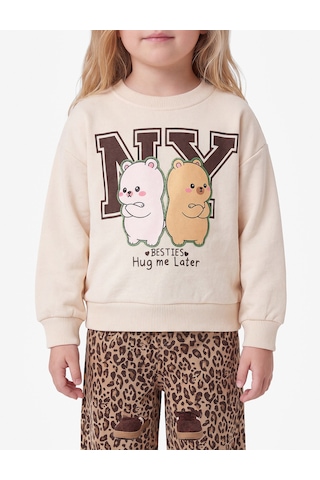 Koton Uzun Kollu Üç İplik Bisiklet Yaka Ayıcık Baskılı Sweatshirt Bej 7wmg10101ak Ekru