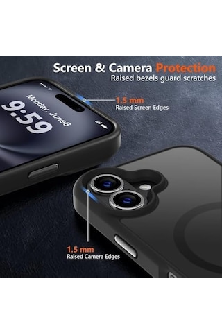 Güçlü Manyetik Telefon Kılıfı, Askeri Düzey Düşme Koruması Güçlü Silikon Kenarlar İnce Yarı Saydam Mat Koruyucu Kılıf Siyah, İphone 16 6,1 İnç 6998
