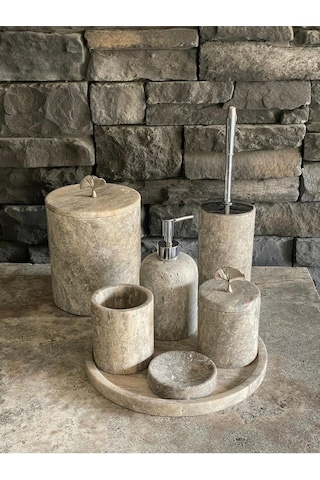 Yeni Silver Gümüş Traverten 7'li Banyo Seti Aksesuarlı Beyaz