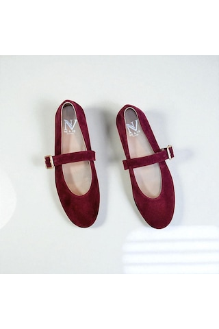 Ne&ve Shoes Bordo Süet Hakiki Deri Yuvarlak Burunlu Tokalı Kadın Babet