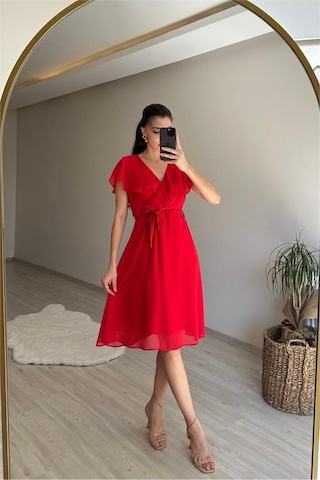 Neşeli Butik Kadın V Yaka Kuşaklı Mini Şifon Elbise Nm007 Kırmızı