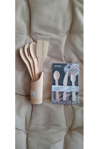 Kamp Piknik Seti Ahşap Servis Seti Ve Çatal Kaşık Bıçak Takımı Açık Kahverengi