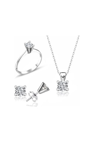 Sertifikalı Swarovski Taş Zarif Tek Taş 925 Gümüş Set Takım