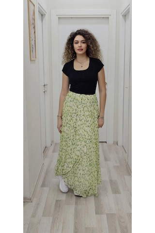 Bel Lastikli Kloş Şifon Etek 6003-Beyaz - Yeşil