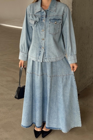 Olcay Çiçek Aplikeli Etek Ceket Denim Takım Mavi 9346-tk