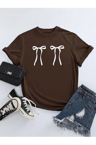 Uyguntarz Unisex Çift Kurdele Tasarım Basklı Tshirt Kahverengi
