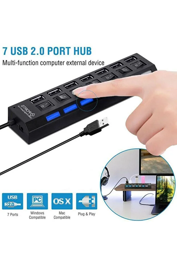 7 Port Usb Çoklayıcı Hub Anahtarlı Aç/kapa Düğmeli Işıklı Usebe Çoğaltıcı Hub Switch Tak Çalıştır