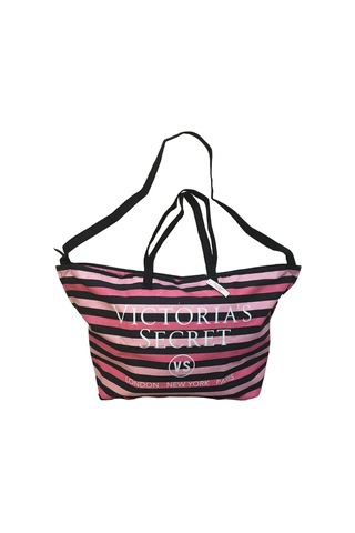 Victoria's Secret Vs Simli Siyah Pembe Çizgili Askılı Duffle Carryall Tote Siyah