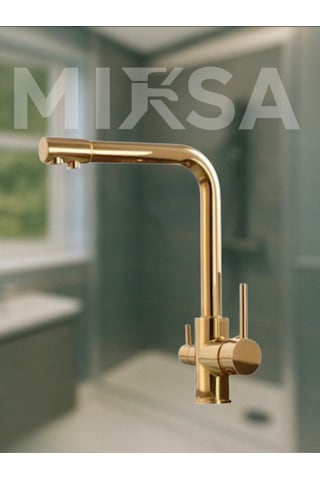 Lüx Arıtmalı Gold 3 Yollu Mutfak Eviye Bataryası Musluğu Sıcak-soğuk Girişli, Pirinç Malzeme Altın