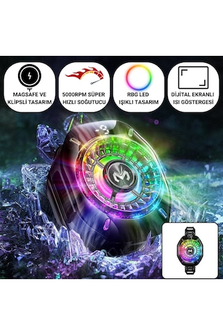 Polham Magsafe Ve Klipsli Süper Hızlı Telefon Soğutucu 5000rpm, Rgb Led, Dijital Isı Göstergeli