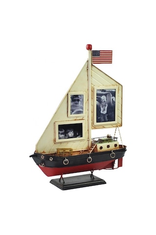 Dekoratif Resim Çerçeveli Metal Yelkenli Gemi 35cm