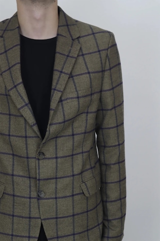 Moda Dmctekstil Erkek Haki Yeşil Ekose Kareli İtalyan Kesim Dar Kalıp Çift Düğme Kışlık Blazer Ceket