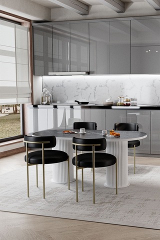 Avvio Rita Beyaz Ptt Ayak 80x160 Yemek Masası Mutfak Masası Masa Sandalye Takımı Kadife Kumaş Siyah Mermer