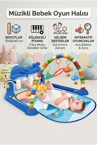 Babycim Piyanolu 3'ü 1 Arada Balina Oyun Halısı Müzikli Işıklı Aynalı Eğitici Aktivite Oyun Halısı