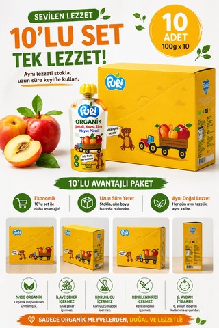 Organic Şeftalili Kayısılı Püresi 100g  x 10 %100 Organik İlave Şekersiz 10'lu Paket