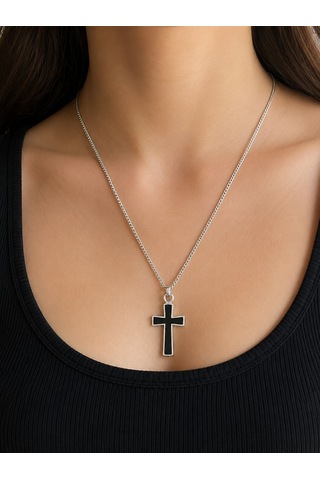 Unisex Gotik Haç Kolye Kırmızı Gri Gümüş Vintage Cross Kolye, Retro Zincir Kolye, Kadın Erkek Punk Gothic Siyah