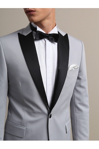 Kip Açık Gri Slim Fit Kelebek Yaka Dokuma Smokin Takım Elbise Çok Renkli