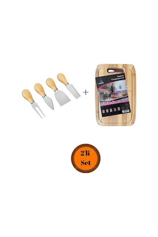 Bambu Kesme Tahtası+ahşap Saplı Peynir Bıçağı Seti Renkli