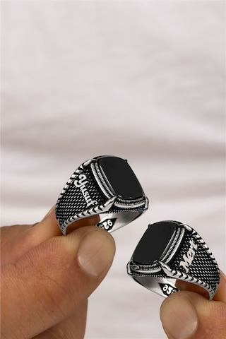 Oniks Taşlı Çift Tarafı İsimli Pençe Motifli Gümüş Erkek Yüzük -8279 Gümüş