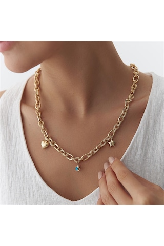 Yıldız Kalp Ve Nazar Charm Altın Kolye