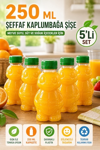 5'li Şeffaf Kaplumbağa Şişe Yeşil Kapaklı Pet İçecek Şişesi Çocuk Beslenme Matarası 250 Ml