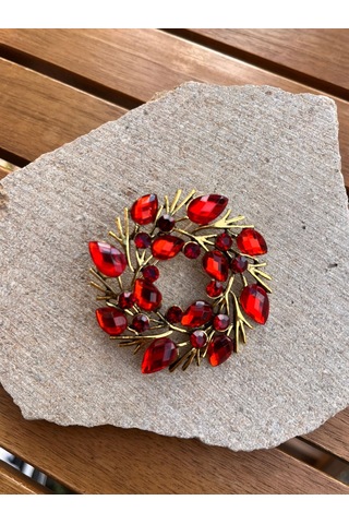 Kırmızı Taşlı Dal Broş Çok Renkli