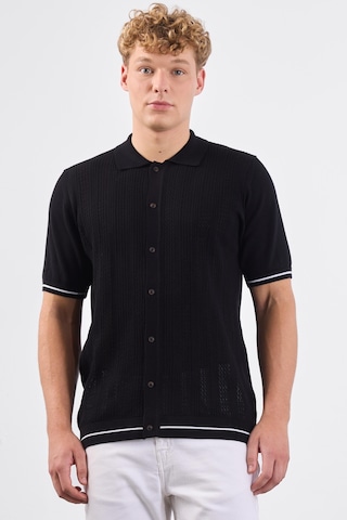 Dufy Siyah Polo Düğmeli Fitilli Kısa Kollu Slim Fit Erkek Triko Siyah