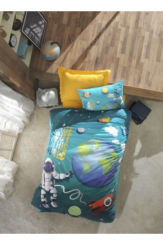 Cotton Box Junior Nevresim Takımı Tek Kişilik Little Astronaut Turkuaz