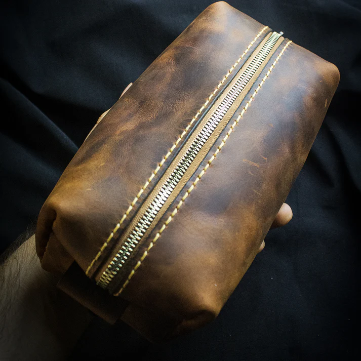 El Yapımı Hakiki Deri Dopp Kit Crazy Deri, Fermuarlı Seyahat Çantası