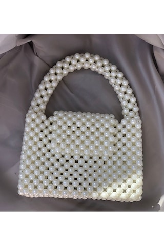 Hobimark25 El Yapımı Krem İnci Çanta,kalın İnci Saplı 18x14 İncili Boncuk Çanta,el Çantası 10mm Sedefli İnci Krem