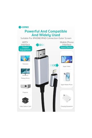 Lightning To Hdmı Kablo iPhone Uyumluİpad Tv Görüntü Aktarıcı 10w Şarj Girişli 1080p 60hz 1.8 Metre