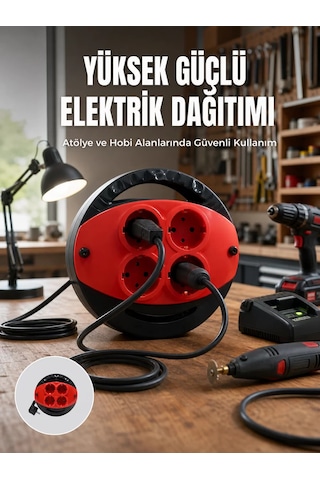 Hepsi 5 Metre Uzatma Kablolu 4 Prizli Makara Kırmızı Najmaddin