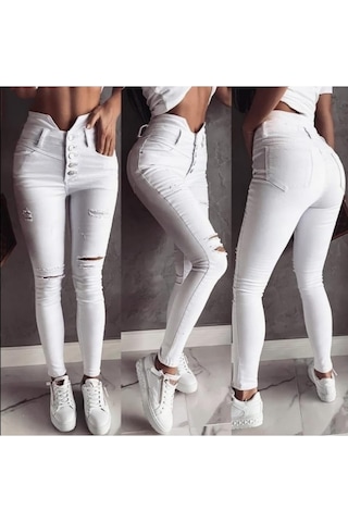 5 Düğmeli V Detay Bel Yırtık Kot Beyaz