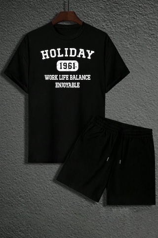 Uyguntarz Unisex Holiday Baskılı Şort Takım Siyah