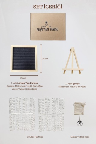 Woodart Premium Letter Board Seti, Mat Gece Siyahı Keçe Yüzeyli Doğal Çam Ahşap Yazı Panosu Şövale Standlı Dekoratif Set Siyah
