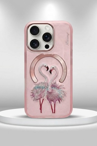 Apple iPhone 16 Pro Uyumlu Magsafe Destekli 3d Gerçek Nakış İşlemeli Flamingo Desenli Kılıf