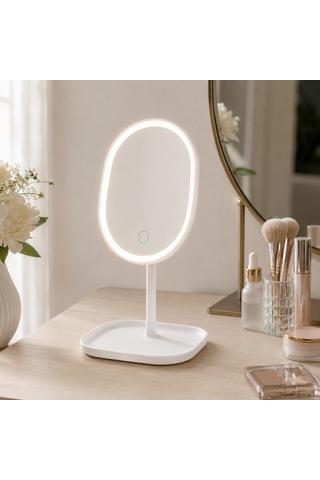 Humas Led Işıklı Masaüstü Makyaj Aynası, Dokunmatik Kontrollü, 3 Işık Modlu, Parlaklık Ayarlı, Usb Şarjlı, Tepsili Masa Aynası Beyaz